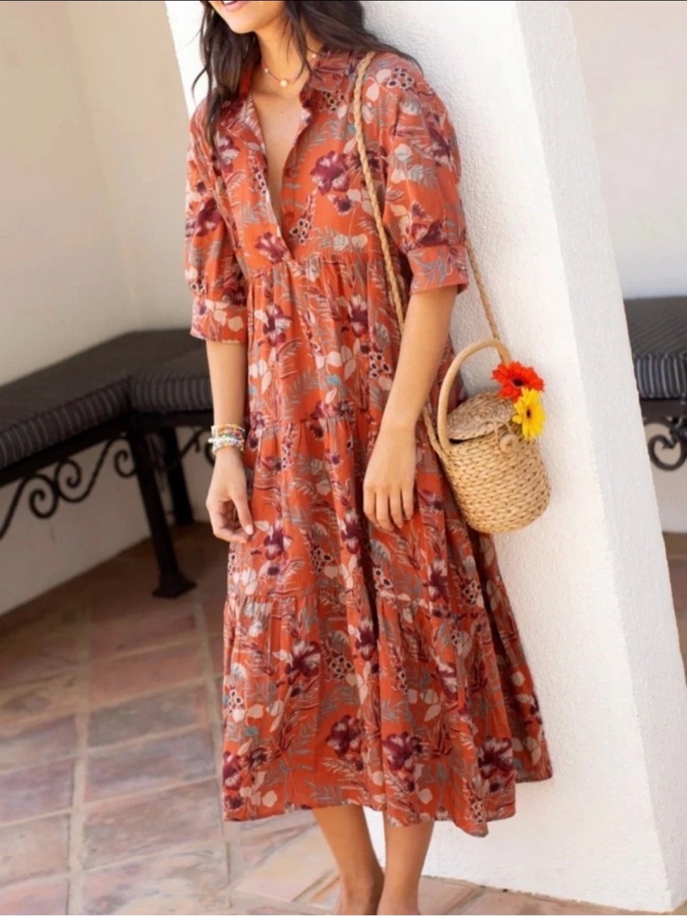 NWT Natural Life Orange Floral Tiered Button Front Maxi Dress Size L - Picture 2 of 10